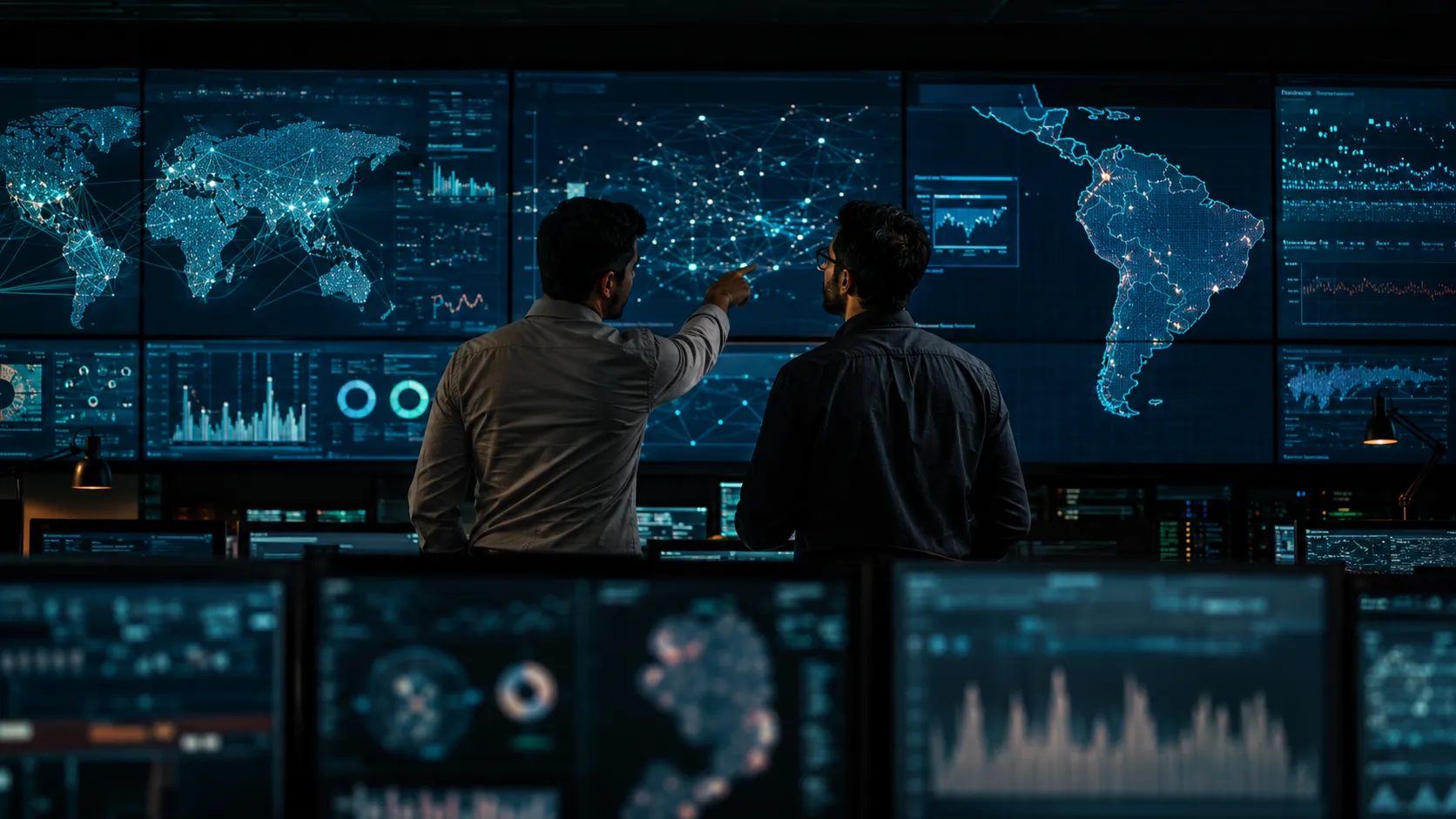 Two network operations engineers viewing a wall of monitors showing global network topology and a map of Latin America glowing with active nodes.