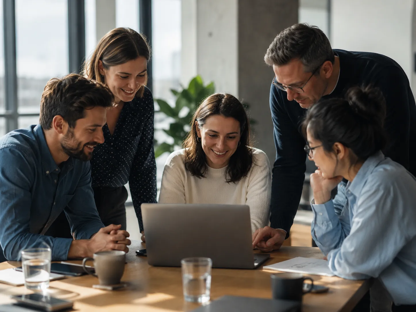 Senior leader engaged with a team around a laptop
