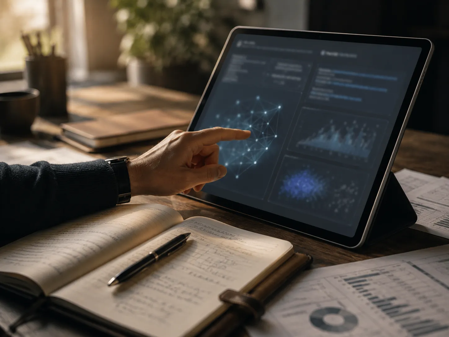 Hand interacting with AI-generated visualizations on a tablet